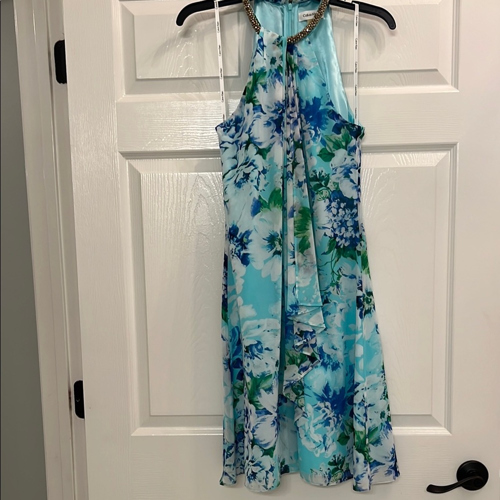 Calvin Klein Beaded Halter Dress in Blue and Green